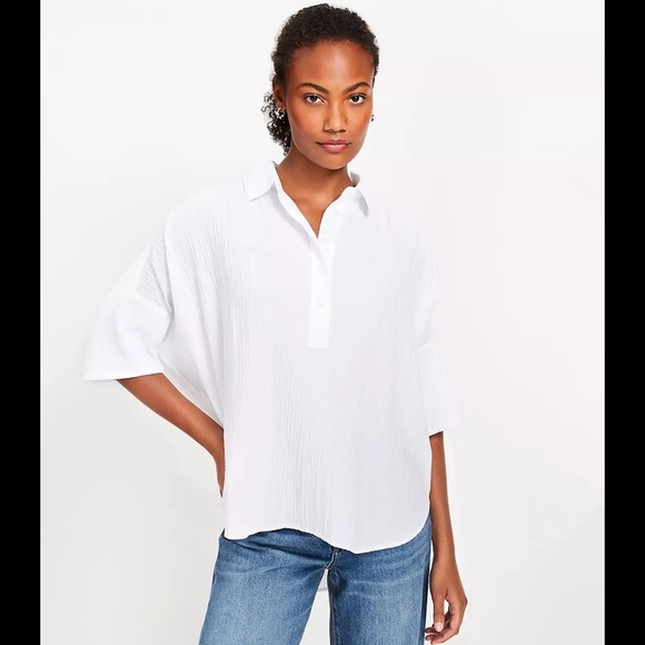 NWT  Loft Crisp White Crinkle Dolman Henley Shirt Size Large - Picture 2 of 10